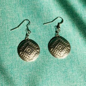 Silver Aztec Disc Earrings - Tribal Dangle Earrings